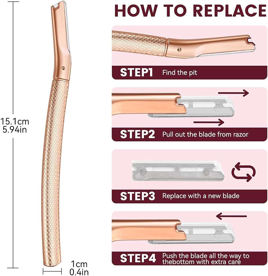 Eyebrow Razor-Face Razors for Women-Dermaplaning Tool for Face Exfoliation & Peach Fuzz with 12 Refill Blades-Facial Dermaplane Razors Shaver-Rose Gold - Image 5