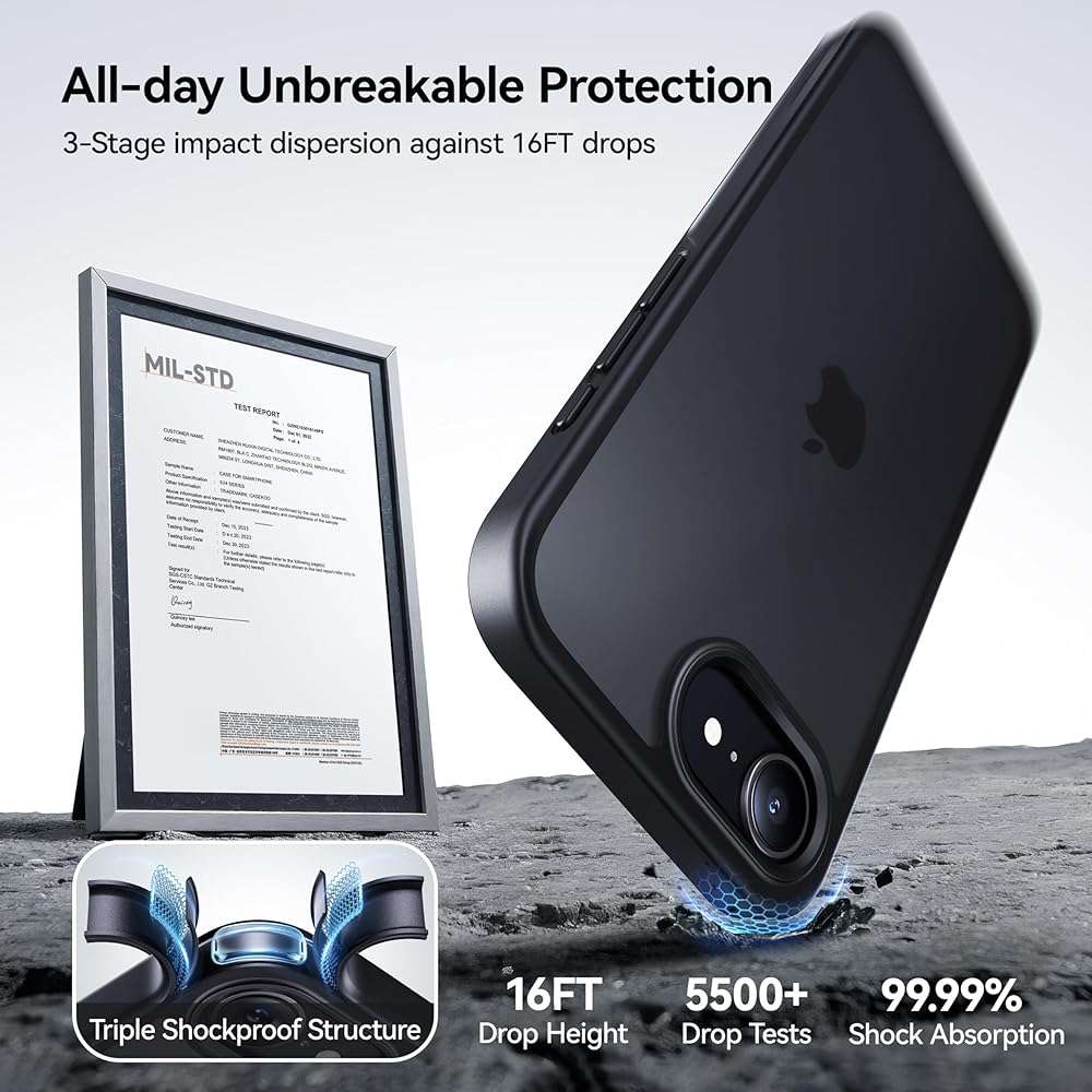 CASEKOO Armor Shockproof for iPhone 17e/ 16e case [16FT Military Grade Protection] Slim Translucent Matte Protective Phone Case Anti-Fingerprint Thin Slim Hard Cover for iPhone 17e/16e 6.1'', Black - Image 4