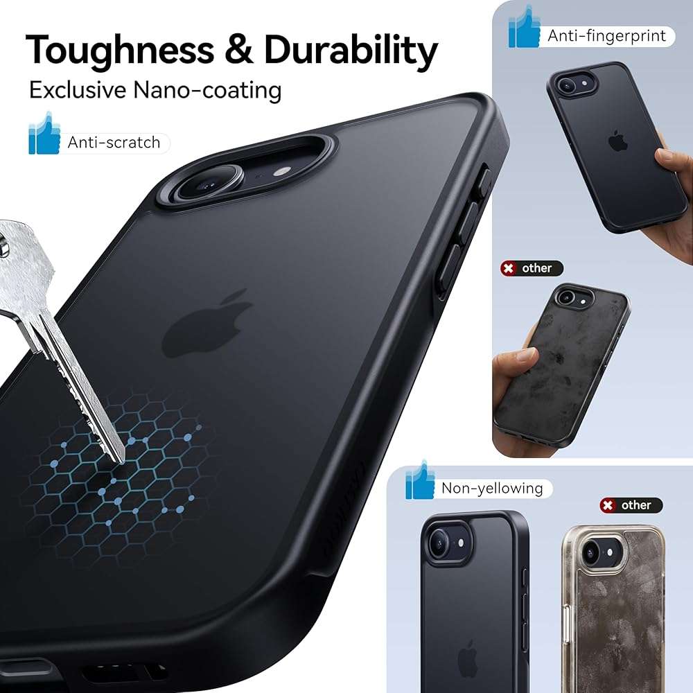 CASEKOO Armor Shockproof for iPhone 17e/ 16e case [16FT Military Grade Protection] Slim Translucent Matte Protective Phone Case Anti-Fingerprint Thin Slim Hard Cover for iPhone 17e/16e 6.1'', Black - Image 5