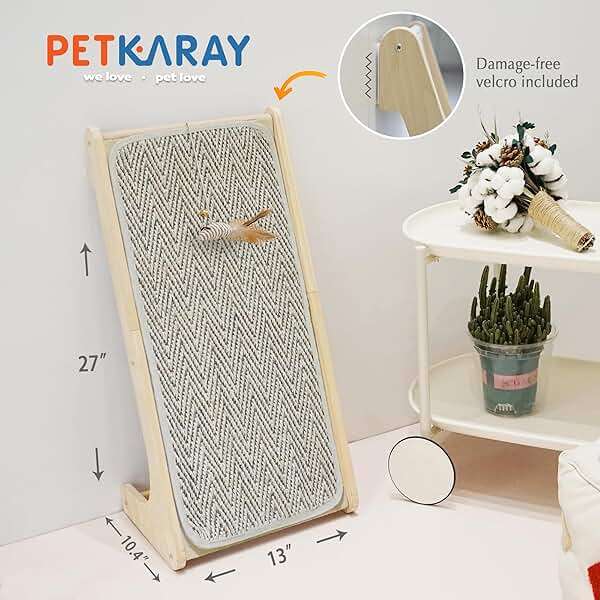 PETKARAY L Shape Cat Scratcher, Sisal Scratching Ramp, Chevron Scratching Pad for Indoor Cats, 27" Wall Furniture Protector with Mouse Toy - Image 2