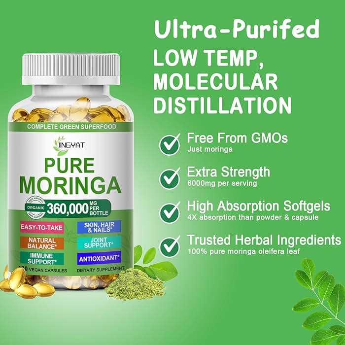 Moringa Softgels, Organic Pure Moringa Oleifera Leaves Extract for Energy, Skin, Gut Health, Immune, Natural Antioxidant, High Potency Moringa Oil Than Moringa Powder, Non-GMO, 60 Serving - Image 3
