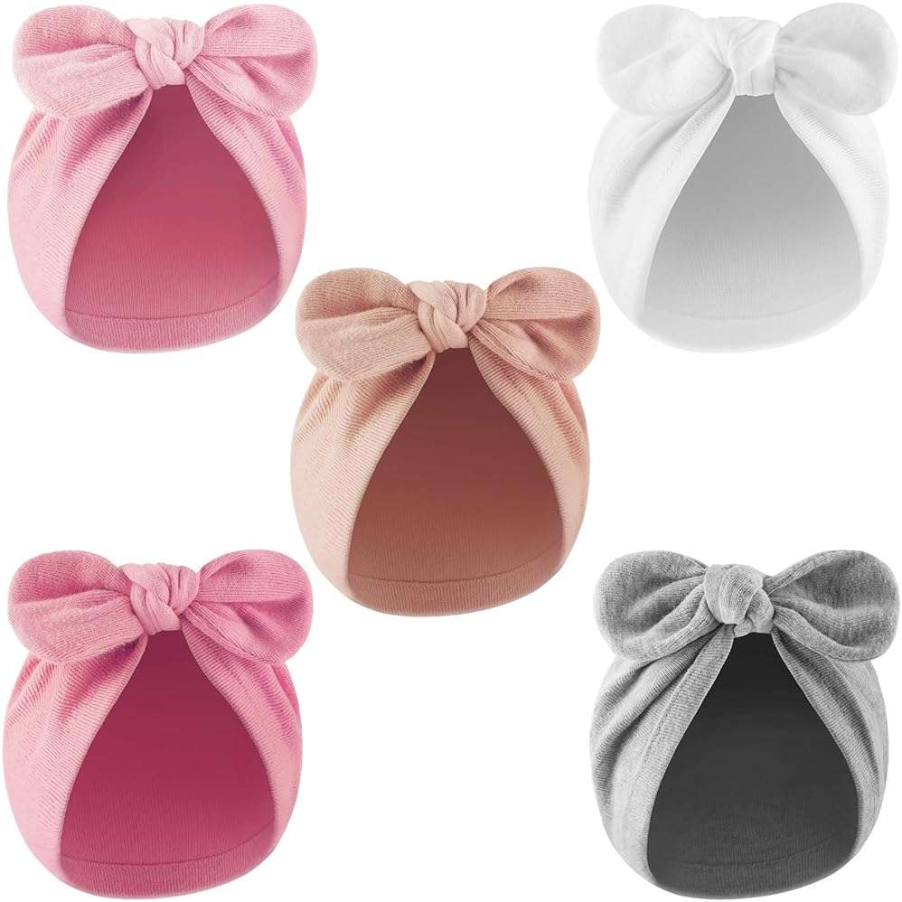 AQOKKA Newborn Baby Girl Hats with Bow Cotton Toddler Infant Beanie Cap Newborn Hospital Hats for Baby Girl Kid 0-12 Months - Image 1