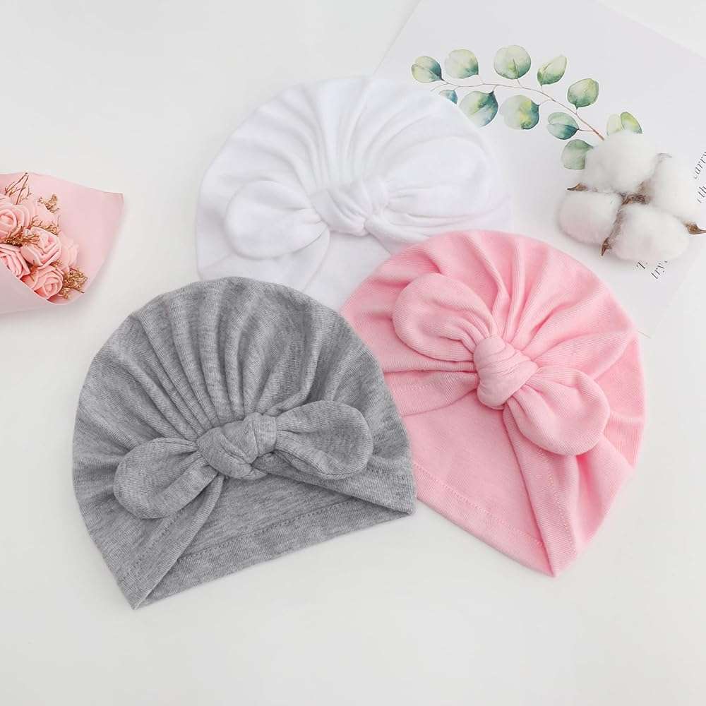AQOKKA Newborn Baby Girl Hats with Bow Cotton Toddler Infant Beanie Cap Newborn Hospital Hats for Baby Girl Kid 0-12 Months - Image 4
