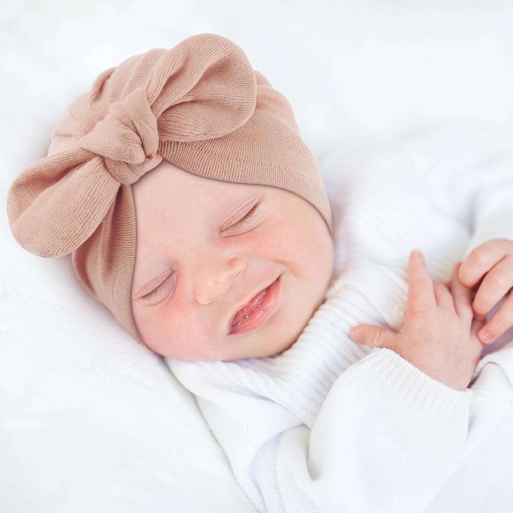 AQOKKA Newborn Baby Girl Hats with Bow Cotton Toddler Infant Beanie Cap Newborn Hospital Hats for Baby Girl Kid 0-12 Months - Image 7