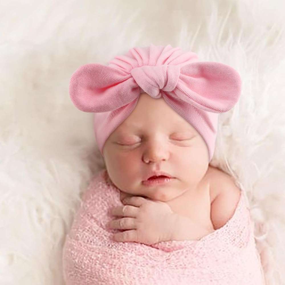 AQOKKA Newborn Baby Girl Hats with Bow Cotton Toddler Infant Beanie Cap Newborn Hospital Hats for Baby Girl Kid 0-12 Months - Image 8