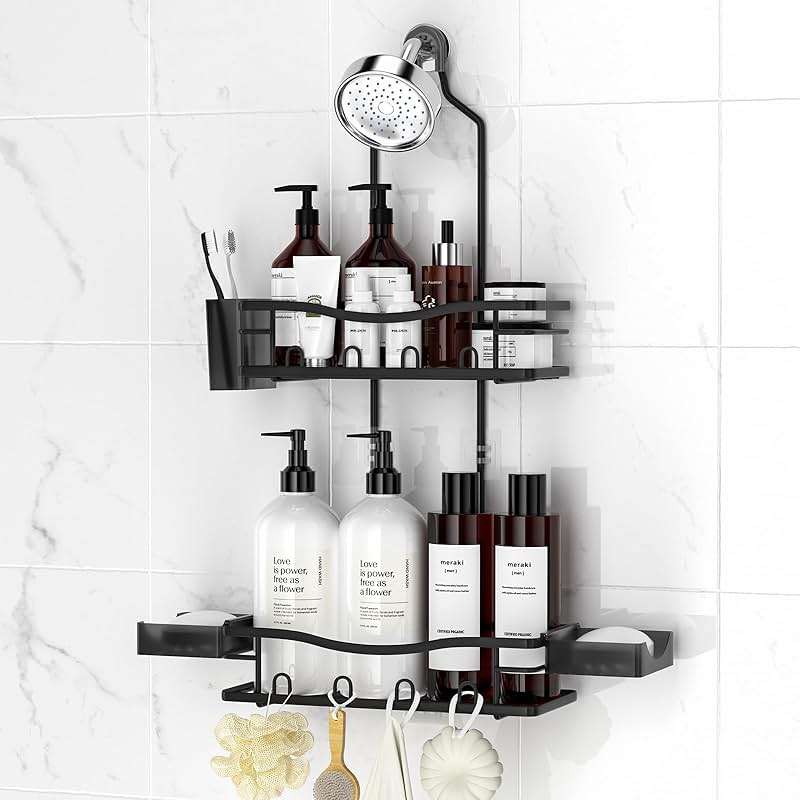 REINHARDT Shower Caddy Hanging, Rustproof Shower Caddy Anti-Swing Shower Organizer Over Showerhead No Drilling Shower Racks with Soap Holder Multi Hooks Bathroom Storage for Shampoo Sponge, Black - Image 1