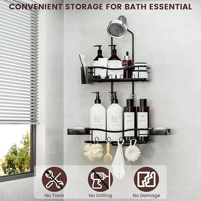 REINHARDT Shower Caddy Hanging, Rustproof Shower Caddy Anti-Swing Shower Organizer Over Showerhead No Drilling Shower Racks with Soap Holder Multi Hooks Bathroom Storage for Shampoo Sponge, Black - Image 3