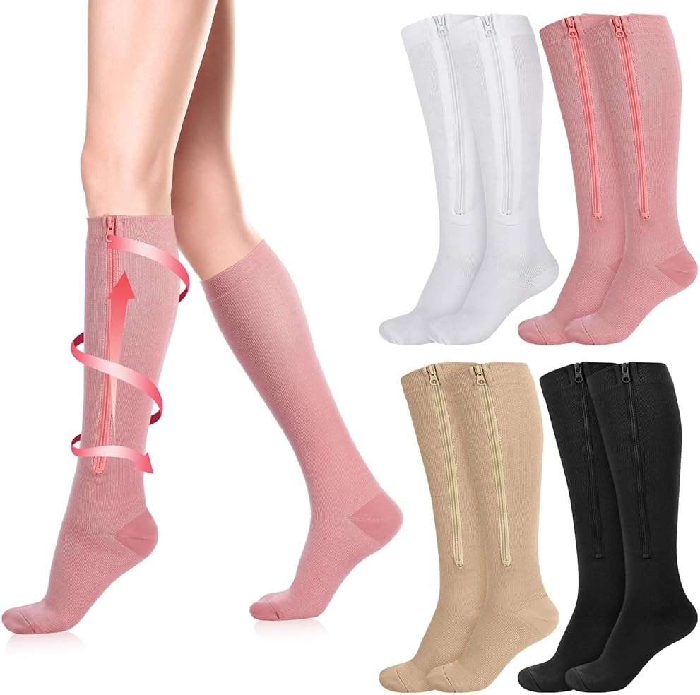 Tarpop 4 Pairs Women Zipper Compression Sock Colorful 20-30mmhg Compression Stockings with Zipper for Women Swelling Edema - Image 1