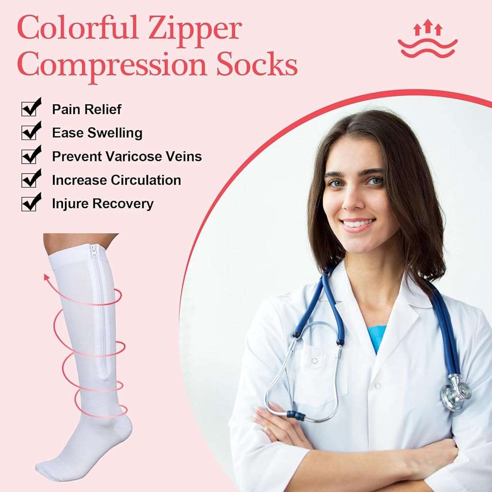 Tarpop 4 Pairs Women Zipper Compression Sock Colorful 20-30mmhg Compression Stockings with Zipper for Women Swelling Edema - Image 2