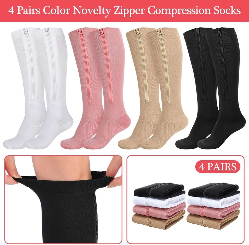 Tarpop 4 Pairs Women Zipper Compression Sock Colorful 20-30mmhg Compression Stockings with Zipper for Women Swelling Edema - Image 4