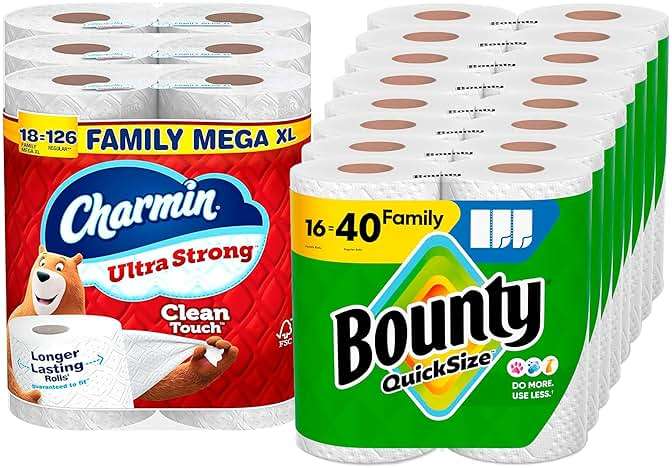 Bounty Quick-Size Paper Towels, White, 16 Family Rolls, Charmin Ultra Strong Clean Touch Toilet Paper, 18 Family Mega XL Rolls - Image 1
