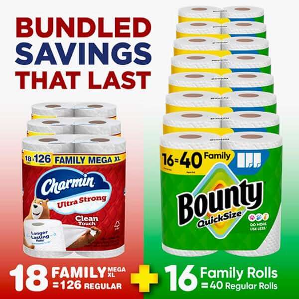 Bounty Quick-Size Paper Towels, White, 16 Family Rolls, Charmin Ultra Strong Clean Touch Toilet Paper, 18 Family Mega XL Rolls - Image 2