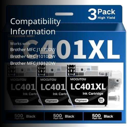 MOGUTOU LC401XL Black 3 Pack Compatible for Brother Ink Cartridges LC401 XL | High Yield, LC401XL Ink Cartridges for Brother Printer MFC-J1010DW MFC-J1012DW MFC-J1170DW MFC-J1800DW - Image 3