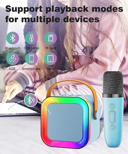 Mini Karaoke Machine Speaker for Kids Adults,Portable Bluetooth with 1-2 Wireless Microphones,Christmas Birthday Gifts Toys Girls Boys Ages 4, 5, 6,7, 8,9,10,11,12+ Years Old Toddler (Blue - 1 Mic) - Image 4