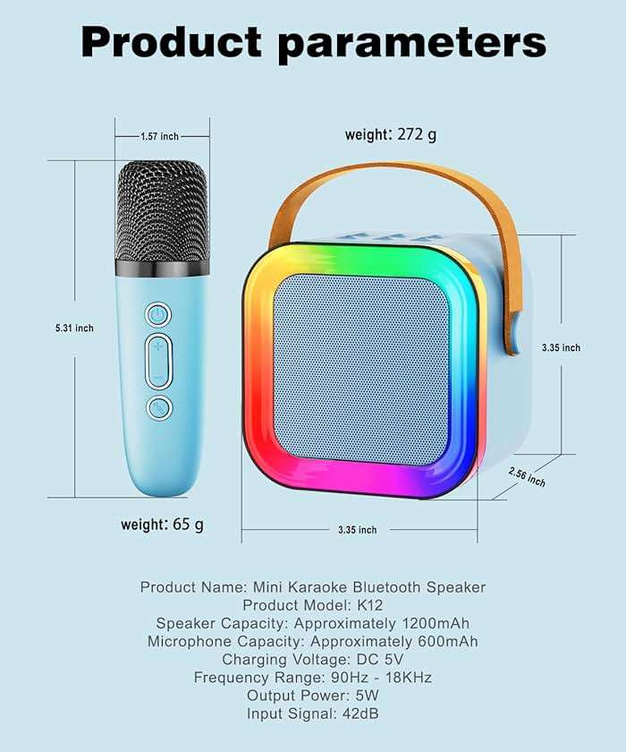 Mini Karaoke Machine Speaker for Kids Adults,Portable Bluetooth with 1-2 Wireless Microphones,Christmas Birthday Gifts Toys Girls Boys Ages 4, 5, 6,7, 8,9,10,11,12+ Years Old Toddler (Blue - 1 Mic) - Image 8