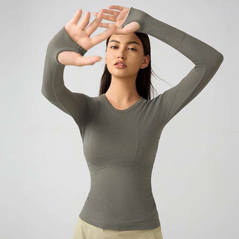 LUYAA Seamless Tight Long Sleeve Workout Tops for Women Long Sleeves Slim Fit Breathable Workout Fitness Tops Light Blue - Image 5