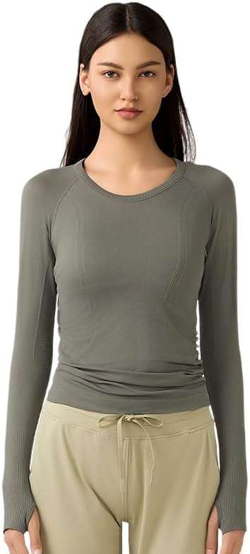 LUYAA Women's Long Sleeve Gym Shirts Yoga Sports Running Seamless Breathable Gym Athletic Top Slim Fit M Gray Green - Image 1