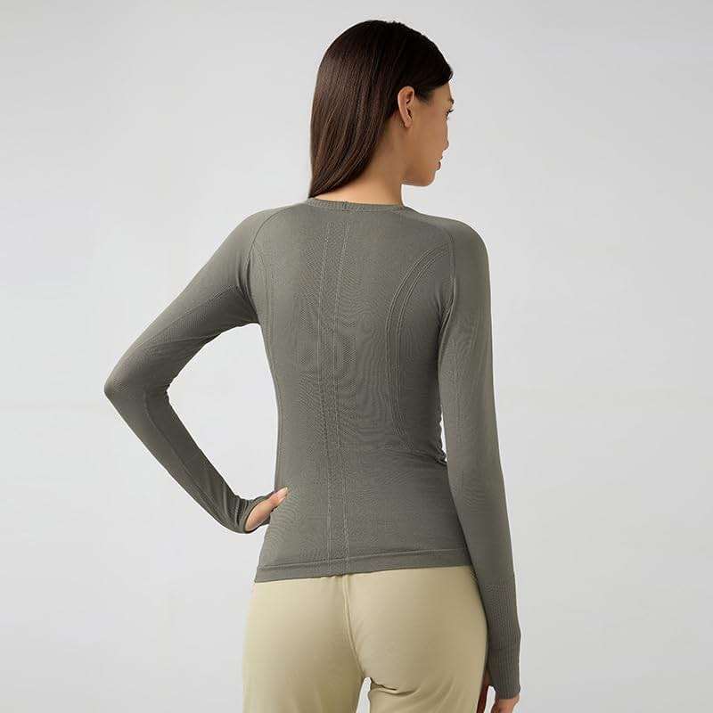 LUYAA Women's Long Sleeve Gym Shirts Yoga Sports Running Seamless Breathable Gym Athletic Top Slim Fit M Gray Green - Image 4