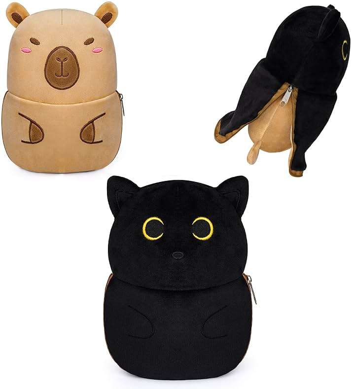 Leokawin Black Cat Capybara Plush Pillows,Black Cat Stuffed Animal Reversible Cuddle Capybara Plush with Zipper,8in Capybara Stuffed Cat Plushies Toys Gifts for Kids Boys Girls - Image 1