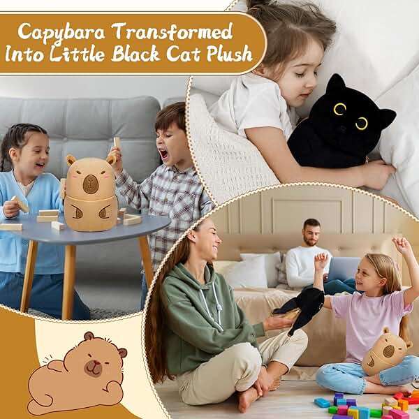 Leokawin Black Cat Capybara Plush Pillows,Black Cat Stuffed Animal Reversible Cuddle Capybara Plush with Zipper,8in Capybara Stuffed Cat Plushies Toys Gifts for Kids Boys Girls - Image 4