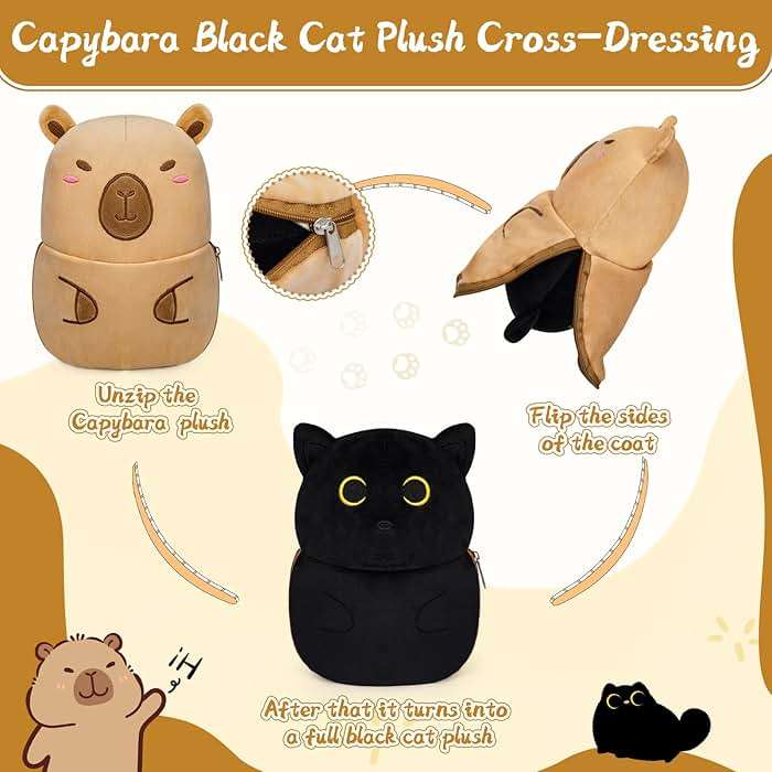 Leokawin Black Cat Capybara Plush Pillows,Black Cat Stuffed Animal Reversible Cuddle Capybara Plush with Zipper,8in Capybara Stuffed Cat Plushies Toys Gifts for Kids Boys Girls - Image 5