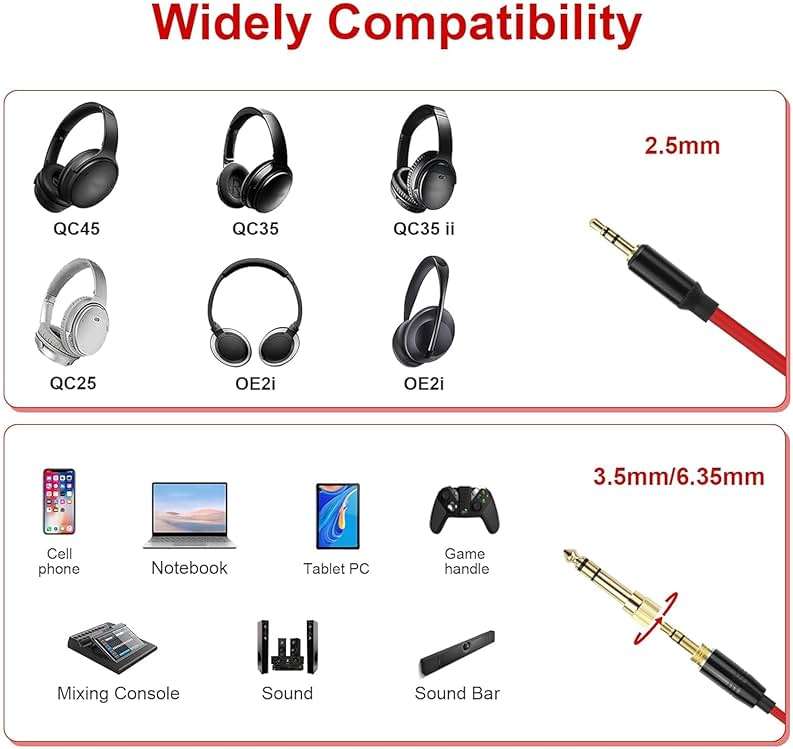Lusgawer QC45 Coiled Audio Cable,Replacement Audio Cable Cord Compatible with Bose QC45/QC35/QC35 II/NC700 Headphones,2.5mm to 3.5mm(1/8") Extension Wire with 6.35mm(1/4") 6-16ft (Red) - Image 2