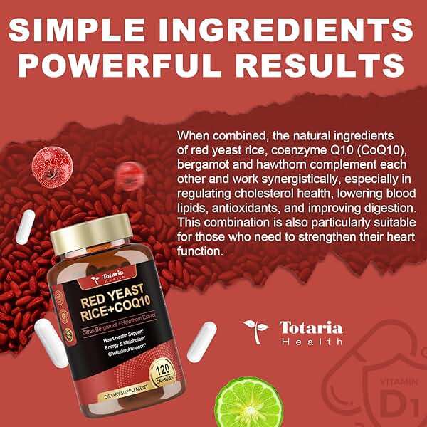 Totaria Red Yeast Rice 2,000mg with CoQ10 Supplement - Advanced Healthy Heart & Healthy Cholesterol Levels - Citrinin Free Extract Red Yeast Rice Capsules Plus Citrus Bergamot - Vegan, Non-GMO - Image 6