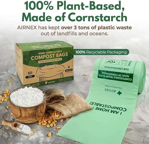 AIRNEX Compostable Kitchen Trash Bags 8 Gal - Cornstrarch Leakproof & Tear Resistant 50 Compost Bags - OK Compost Home & Seedling Certified 0.22 mm Kitchen Garbage Bags - Image 4