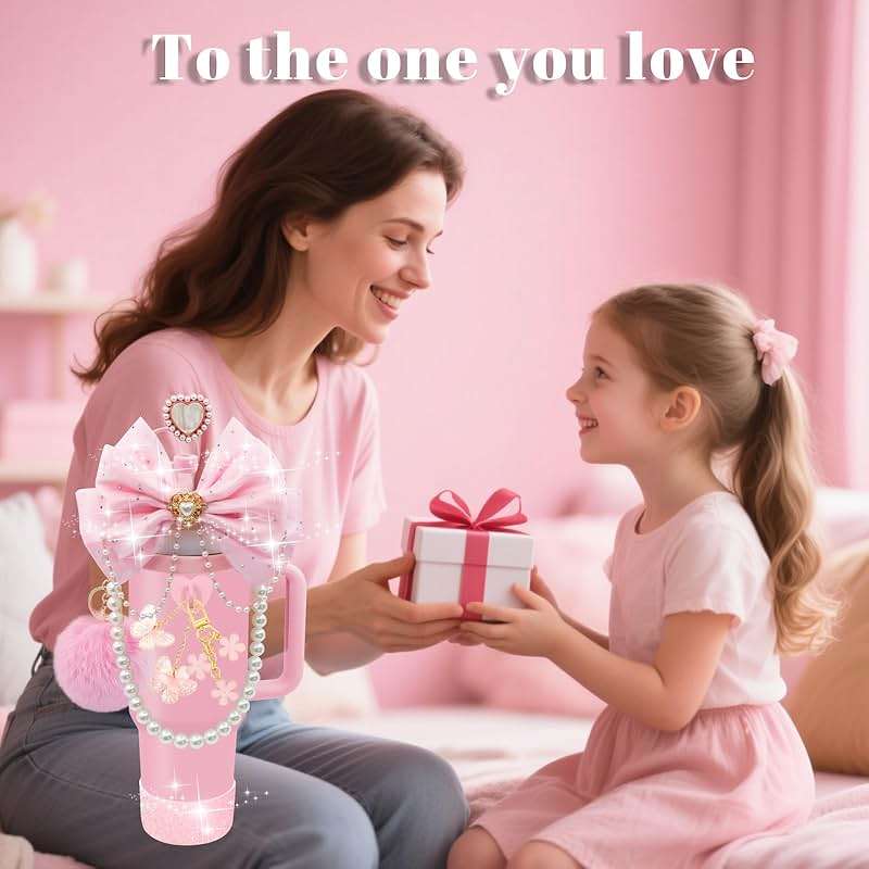 LBU Bling Stanley Cup Accessories for 40/30/20 oz Tumbler with Handle Including Glitter Bow Straw Topper, Heart Straw Cover, Pearl Water Bottle Handle Strap, Boot, Pom-Pom, Keychain Charms(Pink) - Image 5