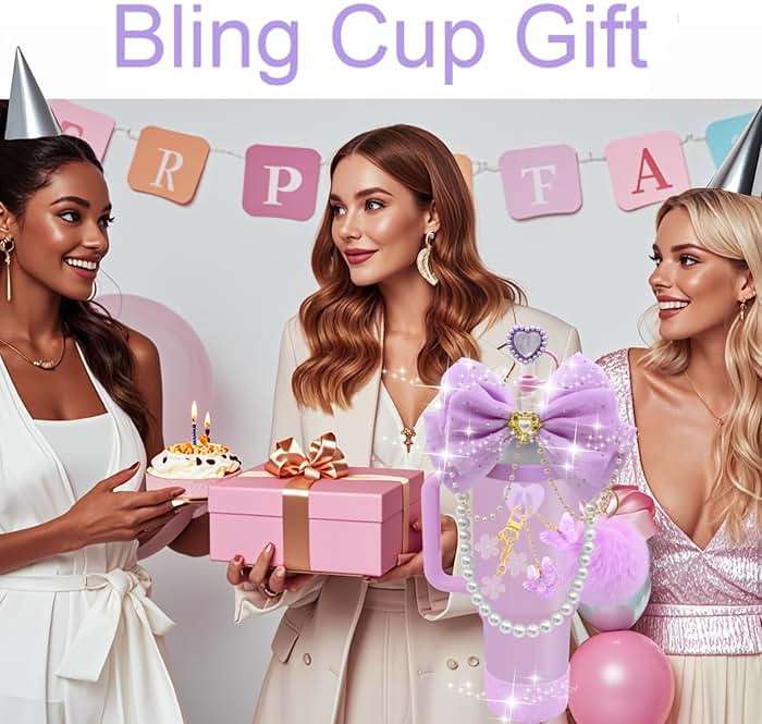 LBU Bling Stanley Cup Accessories for 40/30/20 oz Tumbler with Handle Including Glitter Bow Straw Topper, Heart Straw Cover, Pearl Water Bottle Handle Strap, Boot, Pom-Pom, Keychain Charms(Purple) - Image 2