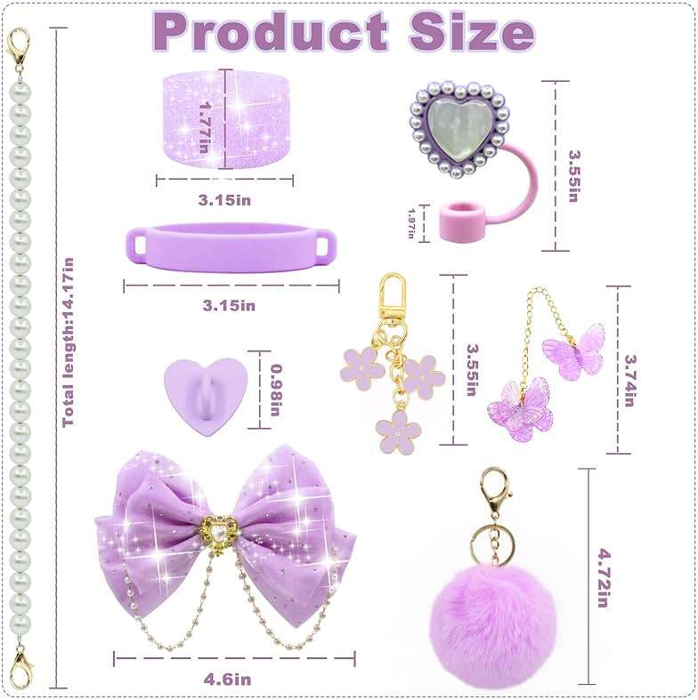 LBU Bling Stanley Cup Accessories for 40/30/20 oz Tumbler with Handle Including Glitter Bow Straw Topper, Heart Straw Cover, Pearl Water Bottle Handle Strap, Boot, Pom-Pom, Keychain Charms(Purple) - Image 3