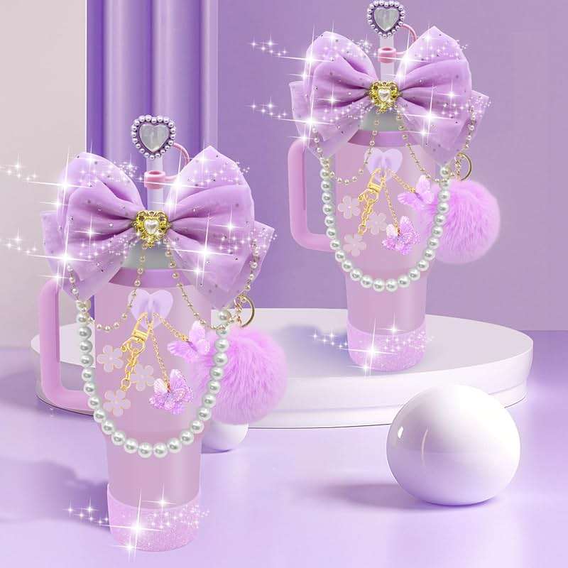 LBU Bling Stanley Cup Accessories for 40/30/20 oz Tumbler with Handle Including Glitter Bow Straw Topper, Heart Straw Cover, Pearl Water Bottle Handle Strap, Boot, Pom-Pom, Keychain Charms(Purple) - Image 5