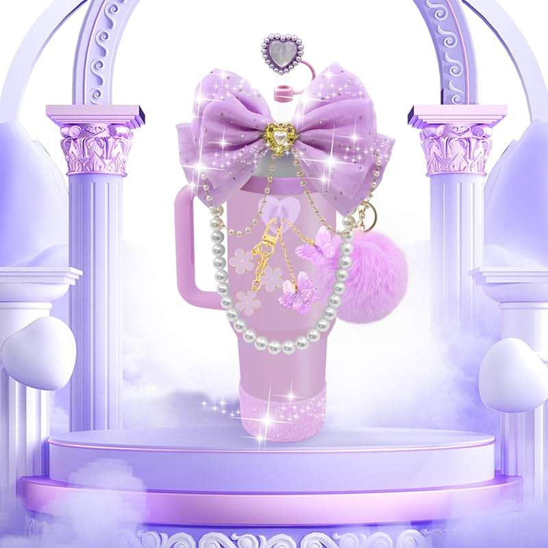 LBU Bling Stanley Cup Accessories for 40/30/20 oz Tumbler with Handle Including Glitter Bow Straw Topper, Heart Straw Cover, Pearl Water Bottle Handle Strap, Boot, Pom-Pom, Keychain Charms(Purple) - Image 9