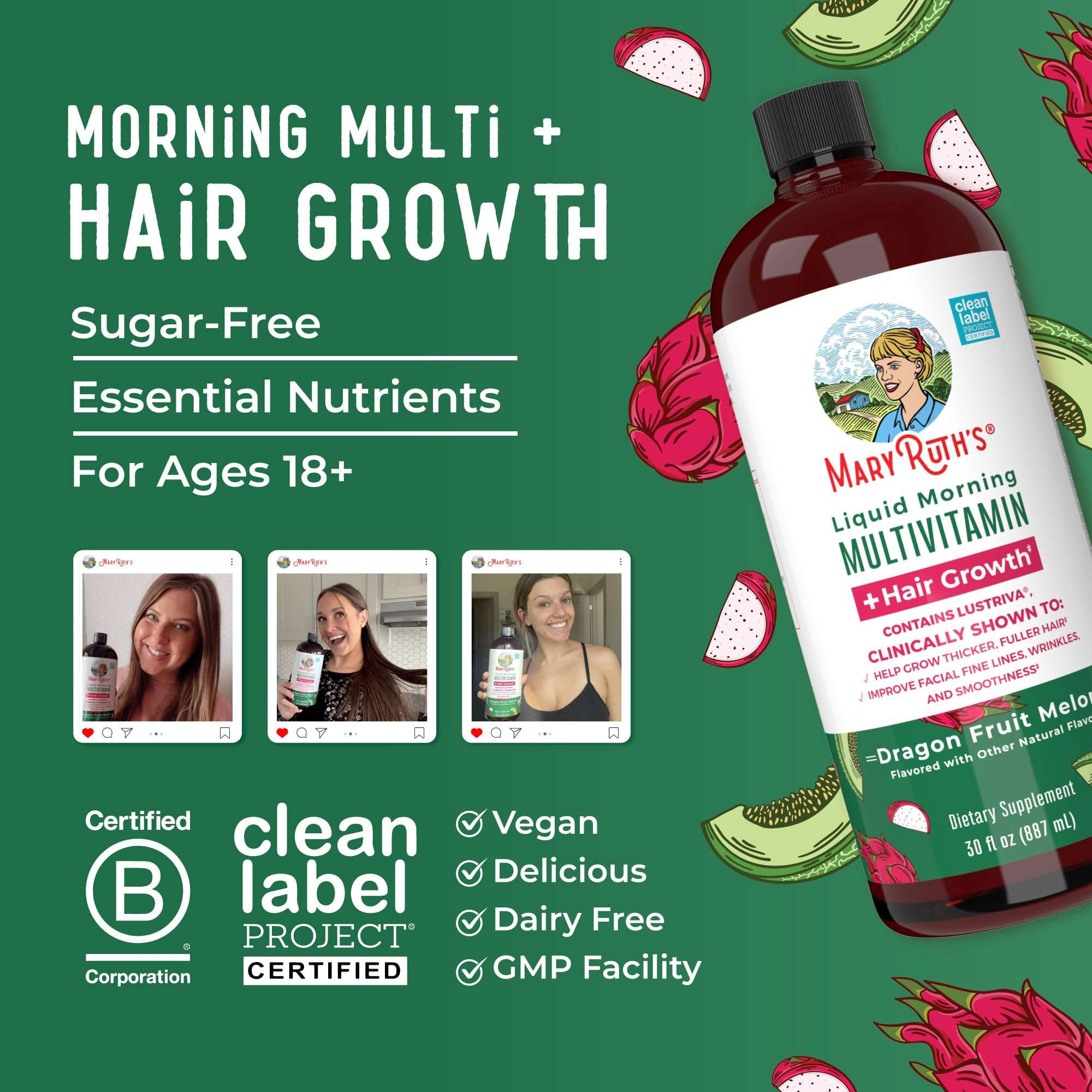 MARYRUTH'S Liquid Multivitamin + Hair Growth | Clinically Tested in Women for Thicker Hair & Facial Wrinkles | Biotin 10000mcg | Lustriva Hair Growth Supplements | Skin Care | Ages 18+ | 30 Fl Oz - Image 9