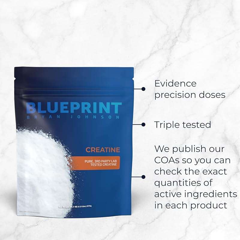 Blueprint Bryan Johnson Creatine Monohydrate Powder – Amino Acid Powder - Supplement Supports Muscle Growth, Recovery, Strength & Focus – Unflavored Creatine for Women & Men – 5g Dose – 100 Servings - Image 5