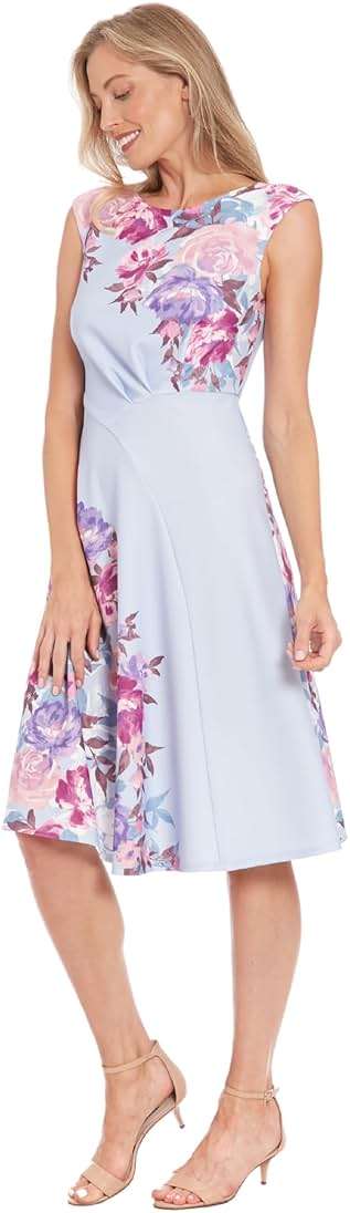 London Times Women's Women's Fit & Flare Midi Dress with Cap Sleeves - Stretchy Formal Fabric - Special Occasion Wedding Guest Dress - Image 2