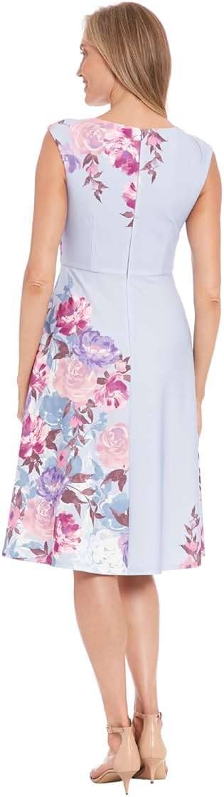 London Times Women's Women's Fit & Flare Midi Dress with Cap Sleeves - Stretchy Formal Fabric - Special Occasion Wedding Guest Dress - Image 3