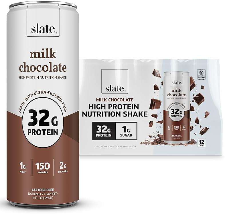 Slate Milk - High Protein Nutrition Shake - Milk Chocolate - 32g Protein, 1g Sugar, 150 Calories, 2g Net Carbs - Lactose Free - No Added Sugar - Breakfast Boost, Post Workout - 11 fl oz, 12 Cans - Image 1