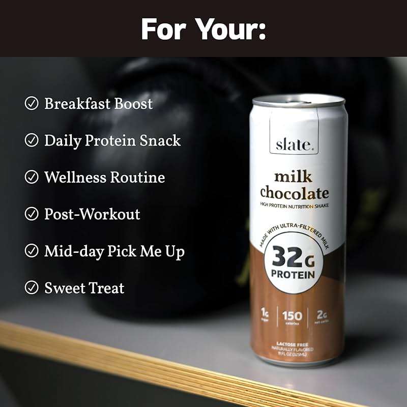 Slate Milk - High Protein Nutrition Shake - Milk Chocolate - 32g Protein, 1g Sugar, 150 Calories, 2g Net Carbs - Lactose Free - No Added Sugar - Breakfast Boost, Post Workout - 11 fl oz, 12 Cans - Image 4
