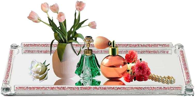 Crystal Mirror Tray, Crystal Glass Perfume Tray for Dresser Cosmetic Trinket Jewelry Vanity Trays for Display Crushed Diamond Home Decor Serving Trays for Bathroom Countertop Organizer (Rose Red) - Image 1