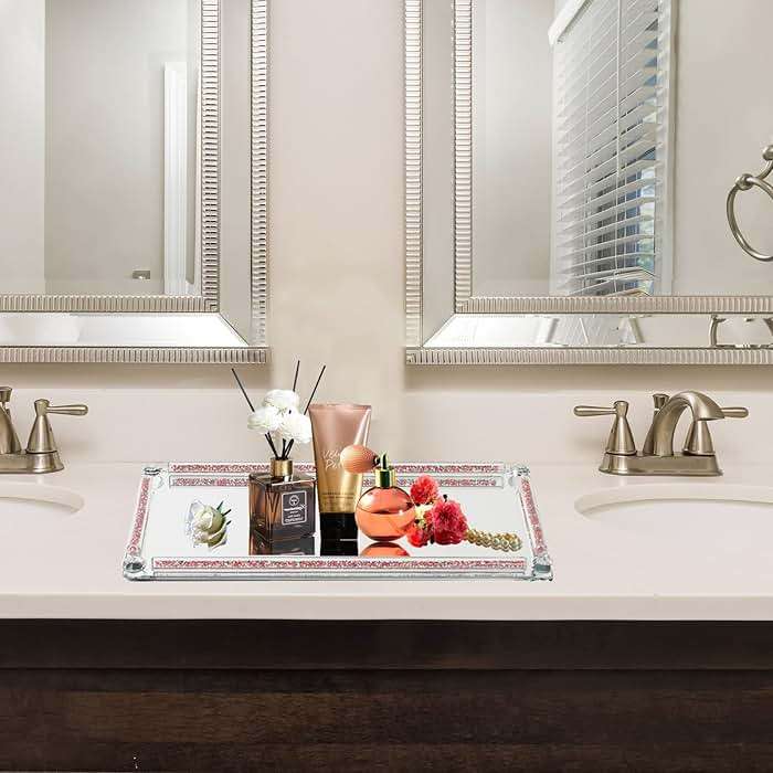 Crystal Mirror Tray, Crystal Glass Perfume Tray for Dresser Cosmetic Trinket Jewelry Vanity Trays for Display Crushed Diamond Home Decor Serving Trays for Bathroom Countertop Organizer (Rose Red) - Image 2