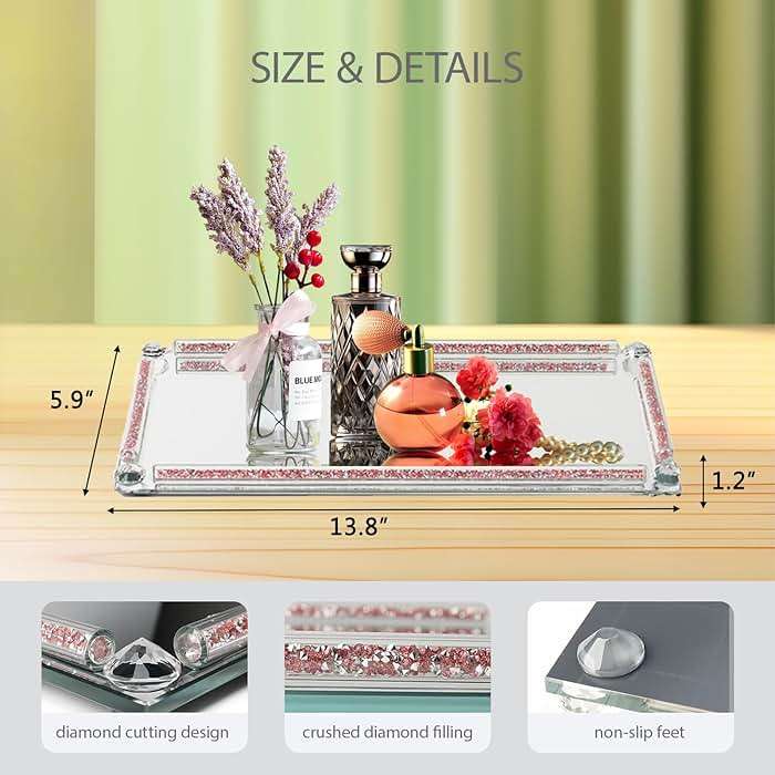 Crystal Mirror Tray, Crystal Glass Perfume Tray for Dresser Cosmetic Trinket Jewelry Vanity Trays for Display Crushed Diamond Home Decor Serving Trays for Bathroom Countertop Organizer (Rose Red) - Image 3