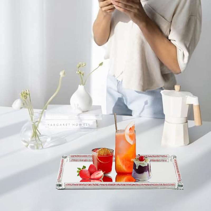 Crystal Mirror Tray, Crystal Glass Perfume Tray for Dresser Cosmetic Trinket Jewelry Vanity Trays for Display Crushed Diamond Home Decor Serving Trays for Bathroom Countertop Organizer (Rose Red) - Image 5