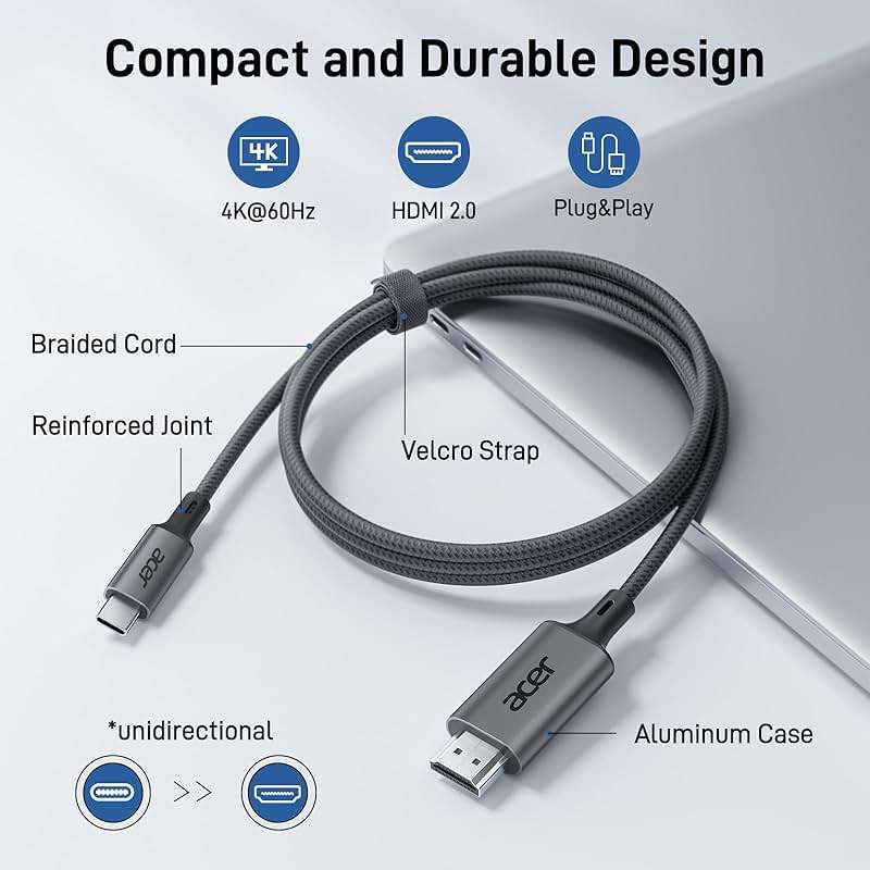 Acer USB C to HDMI Cable for Home Office 6.6FT (4K@60Hz), Thunderbolt 4/3 Compatible, High-Speed Type C to HDMI 2.0 Braided Cord for MacBook Neo, iPhone 17/16 Pro/Max, iPad Pro, Galaxy S25, Surface - Image 4