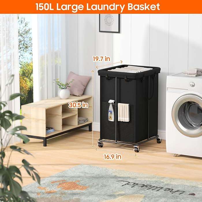 Rolling Laundry Hamper with Wheels – 150L Laundry Basket with Removable Bag & Sturdy Metal Frame, Large Tall Dirty Clothes Hampers for Bedroom, Laundry Room, Apartment, Dorm – Black - Image 4