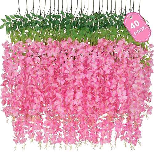 40 Pack Wisteria Hanging Flowers,Hanging Flowers,Fake Wisteria, Hanging Flowers for Decoration,Artificial Flowers,Vines for Bedroom, Wisteria for Wedding Decorations for Home Party(3.6 Ft/Pcs, Pink) - Image 1