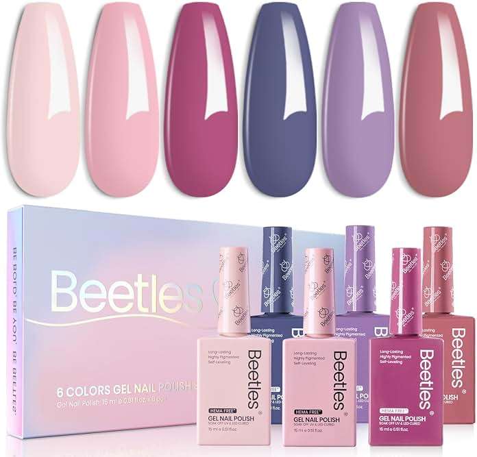 Beetles Hema-Free Gel Polish Set - 6 Colors 15ml Full Size Baby Pink Purple Gel Nude Pink Summer Colors Gel Polish Kit Soak Off Uv LED Nail Lamp DIY Home Manicure Salon Serene Afternoon - Image 1