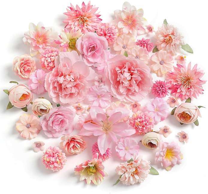 YiYunFloral Artificial Flowers Heads Combo Pink Flowers Mix Silk Flowers Heads Faux Rose Bulk for Craft Garland Graduation Cap Wedding Bridal Baby Shower Home Party Decoration DIY Cake Decor - Image 1