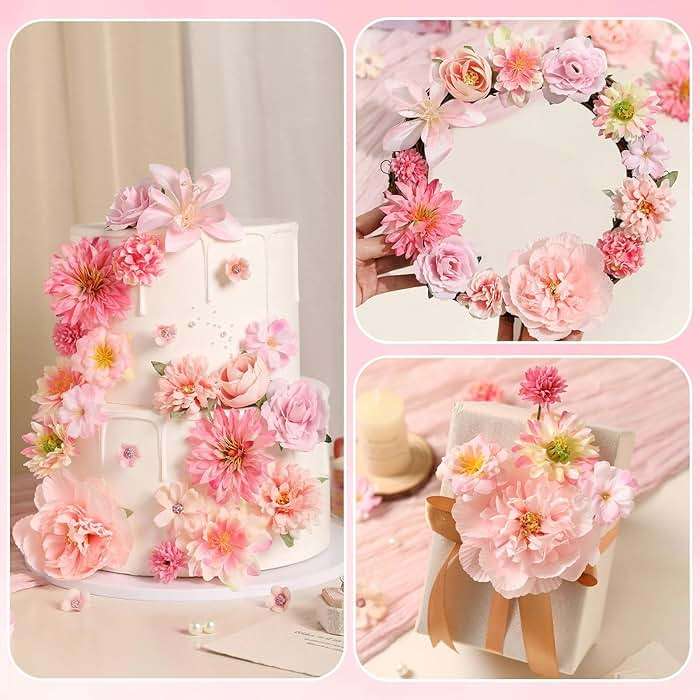 YiYunFloral Artificial Flowers Heads Combo Pink Flowers Mix Silk Flowers Heads Faux Rose Bulk for Craft Garland Graduation Cap Wedding Bridal Baby Shower Home Party Decoration DIY Cake Decor - Image 3