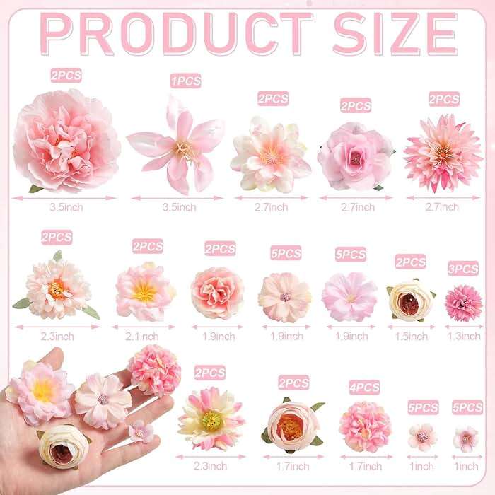 YiYunFloral Artificial Flowers Heads Combo Pink Flowers Mix Silk Flowers Heads Faux Rose Bulk for Craft Garland Graduation Cap Wedding Bridal Baby Shower Home Party Decoration DIY Cake Decor - Image 5